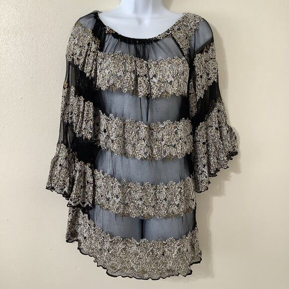 Sheer Mesh Black Gold Flowy Dark Romantic Witchy Whimsigoth Peasant Blouse XL - Picture 1 of 8